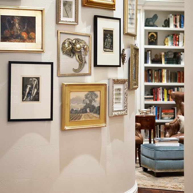 Newinhome Animal Heads Wall Decor (Includes Metal Frame) Resin Animals Sculptures Head Wall Hanging Decoration Gold vintage Wall Sculpture for Living Room Bedroom Office (Elephant)