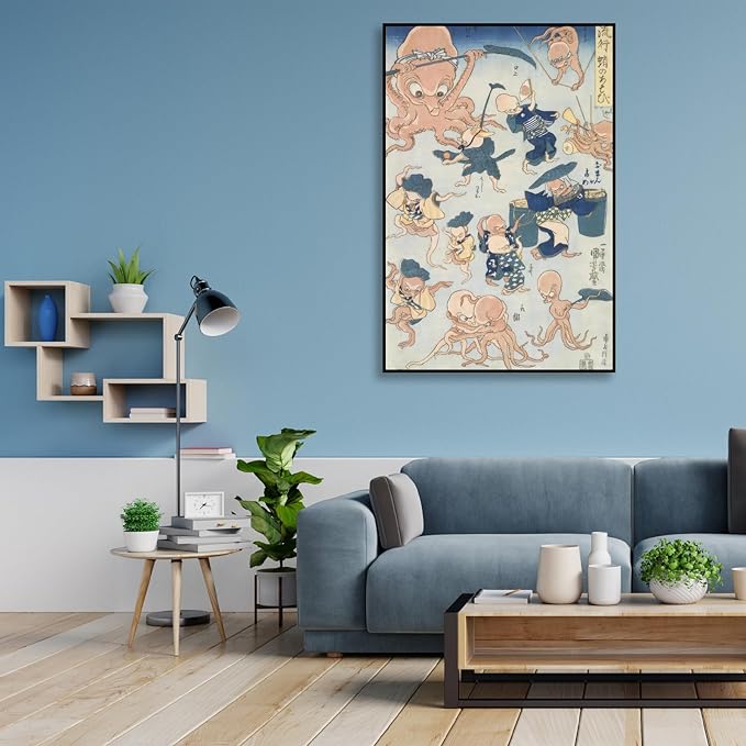 OKRA Utagawa Kuniyoshi Canvas Wall Art Octopus Games of Sumo Wrestling Poses Poster Japanese Ukiyo-E Woodcut Art Animal Nature Landscape Poster Japanese Classic Wall Decor Unframed 12×18in/30×45cm