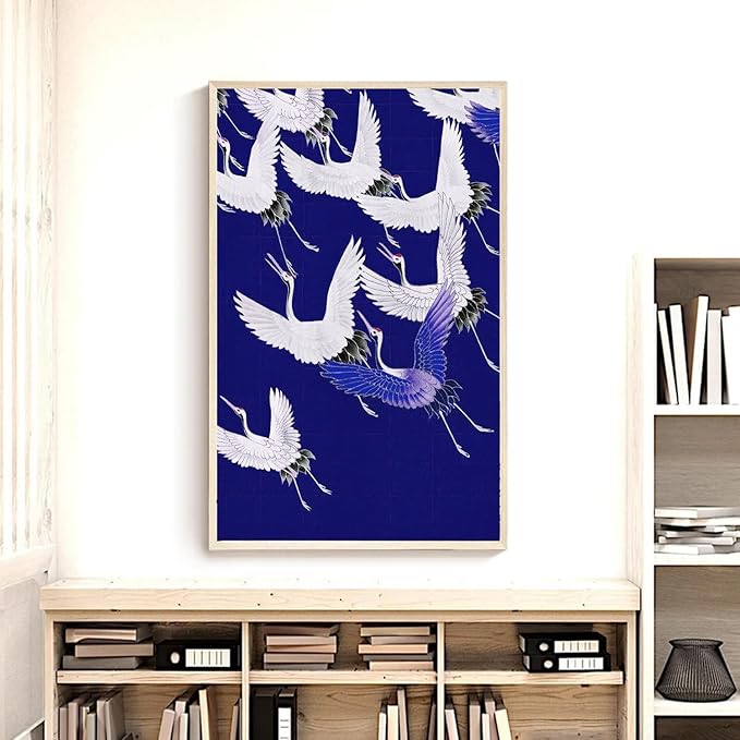 OZCONO Japanese Flying Cranes Wall Art Print, Navy Blue and White, UV-Resistant Giclée Print, Unframed (40L x 27W)