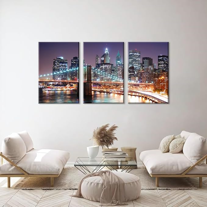 NAN Wind 3Pcs New York City Skyline Canvas Wall Art Brooklyn Bridge Night View Framed Wall Decor Blue Purple Manhattan Urban Cityscape Picture Canvas Artwork Modern Home Decor Living Room Office