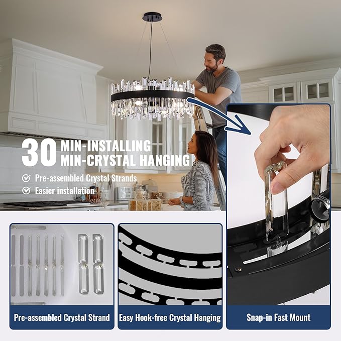 Modern Crystal Chandelier for Dining Room, 12-Light Black Round Chandelier, 23.6-inch K9 Crystal Raindrop Ceiling Light, Luxury Flush Mount Light Fixture for Kitchen Living Room Entryway