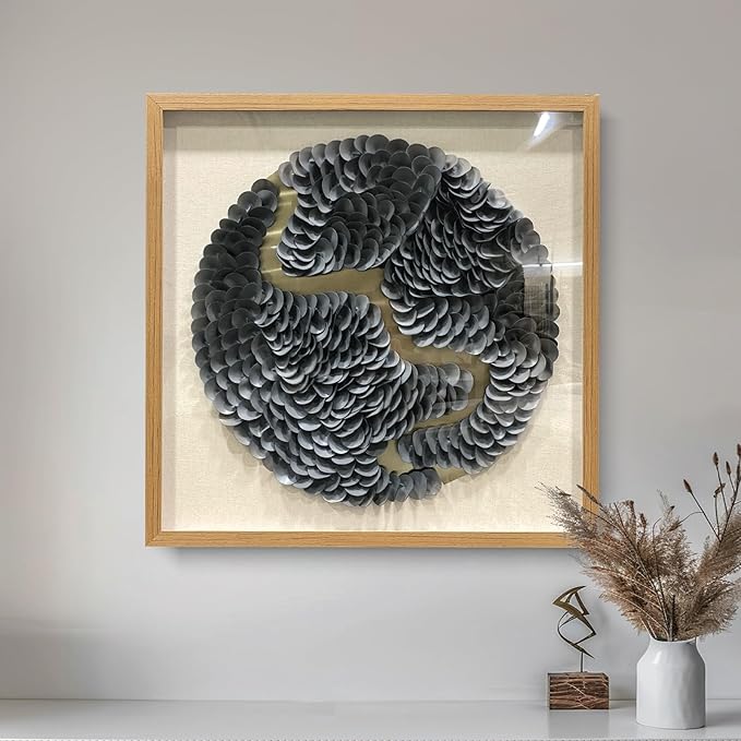 BrightA Black circular leather wall sculpture, wall art piece, large-scale wall decoration, 3D artwork, minimalist layered circular design, acrylic glass solid wood frame, contemporary office decoration item 31.5"x31.5"