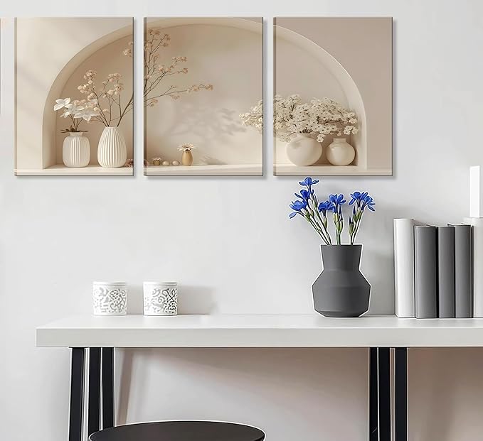 3pcs Framed Canvas Wall Art Arched Wabi Sabi Niche Textured Vases Dried Florals Posters Prints Pictures Paintings Minimalist Warm Beige Wall Decor for Bedroom Living Room Bohemian Decoration