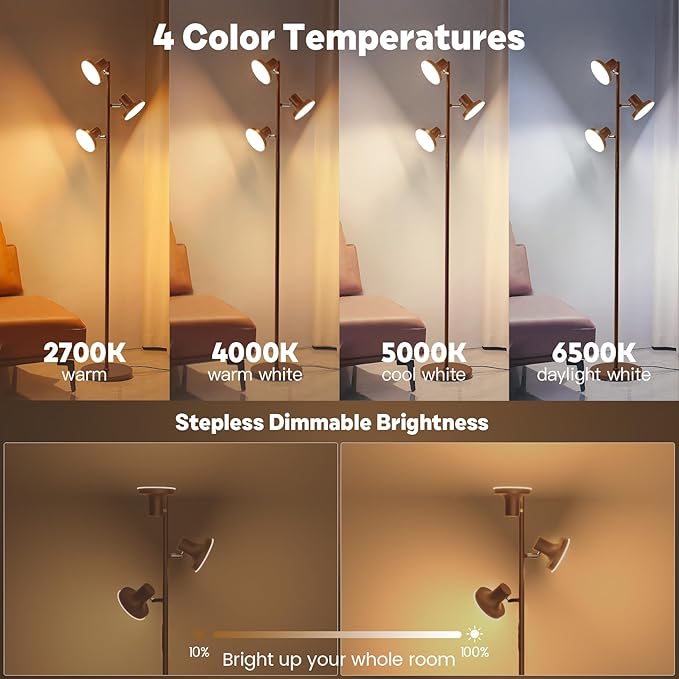 36W LED Tree Floor Lamp, Modern Dimmable Standing Lamp with Remote & Touch Control, 4 Color Temperatures, 3 Rotatable LED Light Floor Lamps for Living Room, Bedroom, Office