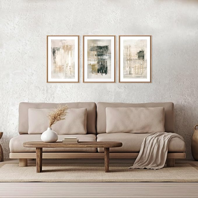 Ausril Modern Abstract Framed Canvas Wall Art Set, Neutral Beige Shape Wall Decor, Black and White Block Wall Painting, Minimalist Paint Stroke Art Print for Living Room, Bedroom, Office 24"x36"x3