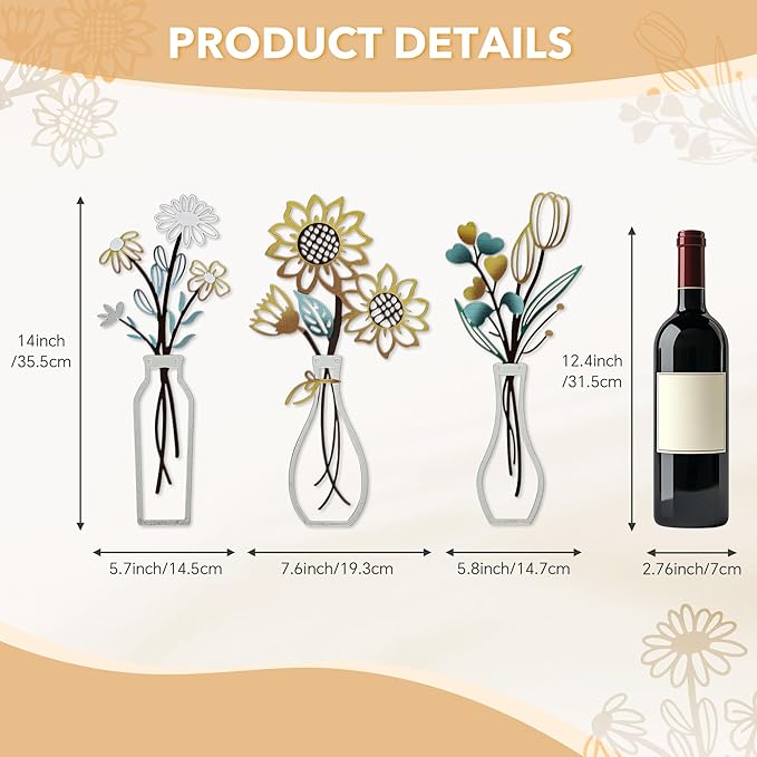 Mcdagogn 3 Pieces Metal Flowers Wall Arts - Rustic Farmhouse Wall Decor, Minimalist Beige Flower Wall Decor for Living room Bathroom Bedroom Laundry Room Kitchen Office - Housewarming Gifts