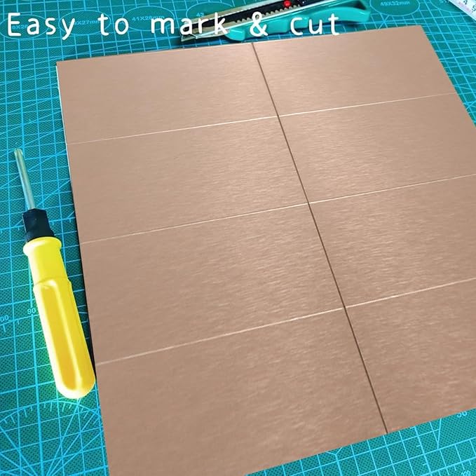 Aluminum Peel and Stick Backsplash Panels - 3"x6" Brushed Copper Kitchen Wall Decor, 80-Piece