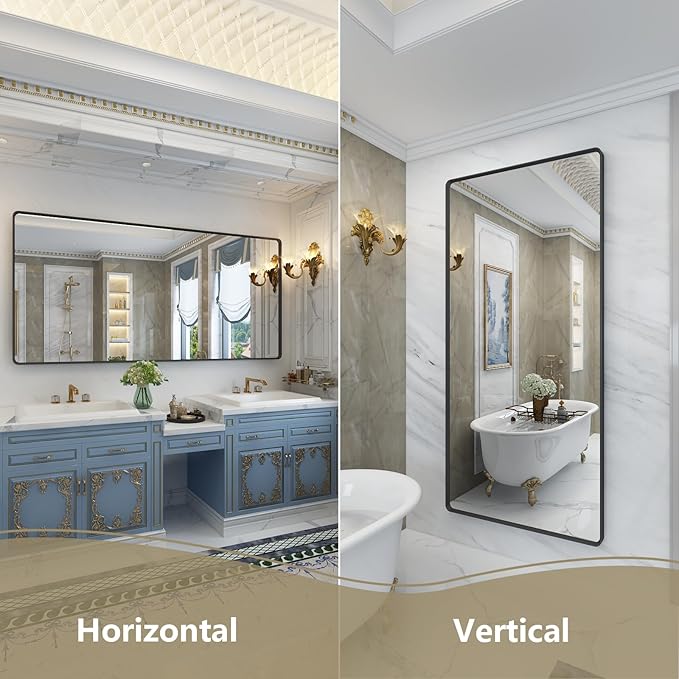 OKPAL 55X36 Inch Matte Black Bathroom Mirror, Black Framed Bathroom Vanity Mirror, Black Rectangle Mirror, Round Corner, Rustproof, Shatter-Proof (Horizontal/Vertical)