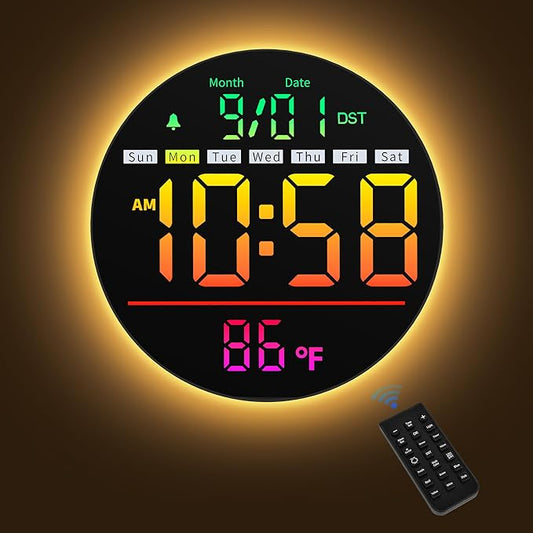 Maxstar Led Digital Wall Clock with Timer, Seconds, Temperature, Date, DST, Nightlight, RGB Color, Alarm Clock, 5-Level Display Brightness, Digital Clock Timer for Classroom, Bedroom, Garage, Gym