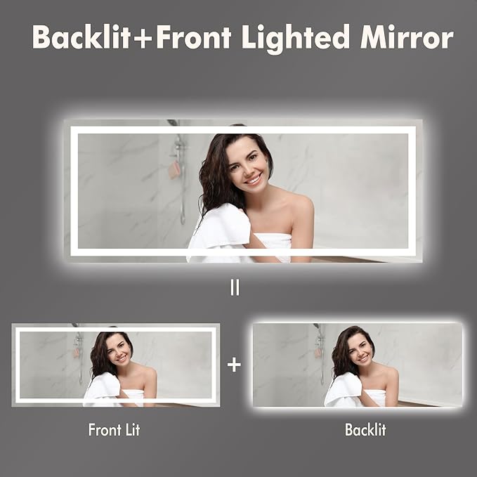 60x24 LED Bathroom Mirror with Lights, Backlit + Front Lit, Dimmable, Anti-Fog, Lighted Bathroom Vanity Mirror for Wall, Memory Function, Shatter-Proof (Horizontal/Vertical)