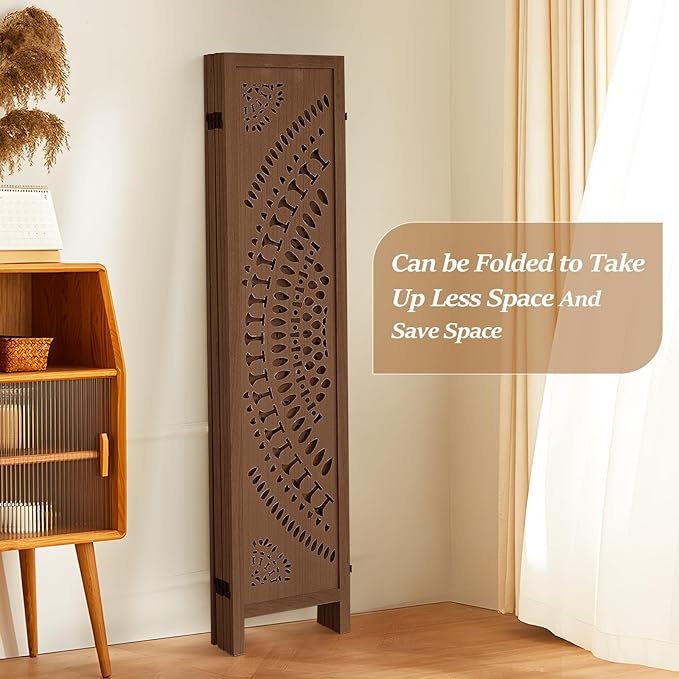 Boho 6 Panel Room Divider, Room Dividers and Folding Privacy Screens, Modern Room Partition, 67" Room Divider Wall, Privacy Dividers for Rooms, Bedroom, Office, Dark Brown