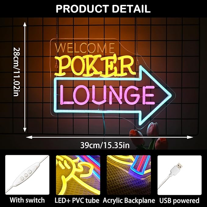 Looklight Welcome Poker Lounge Neon Sign for Wall Decor Right Arrow LED Light Sign Decoration for Bedroom Casino Bar Hotel Play Room Birthday Party, Suitable for Dormitory Man Cave