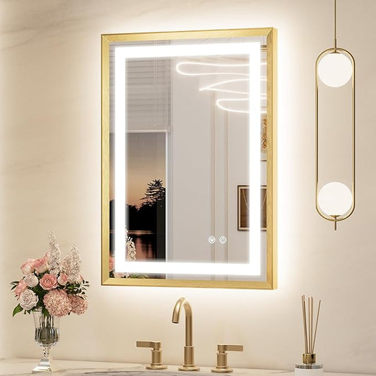 Keonjinn 20 x 28 Inch Gold LED Bathroom Vanity Mirror, Frontlit & Backlit Lighted Bathroom Mirrors, UL Listed LED Driver, Tempered Glass, Beveled Framed, 3000K/4500K/6000K, Anit-Fog, Dimmable