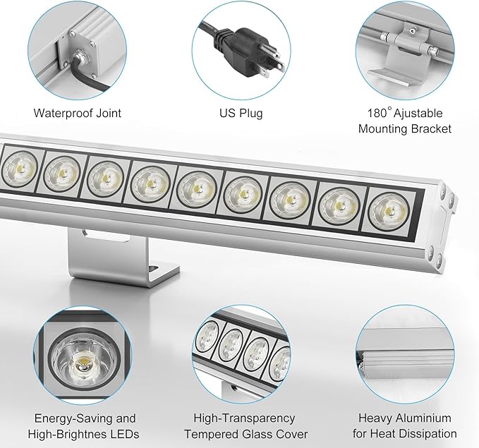 72W Outdoor LED Wall Washer Lights, 40 Inches 3500K Warm White Wall Washer Light Bar, 120V IP67 Waterproof Outdoor LED Light Bar for Outdoors, Plug-in (2 Pack)
