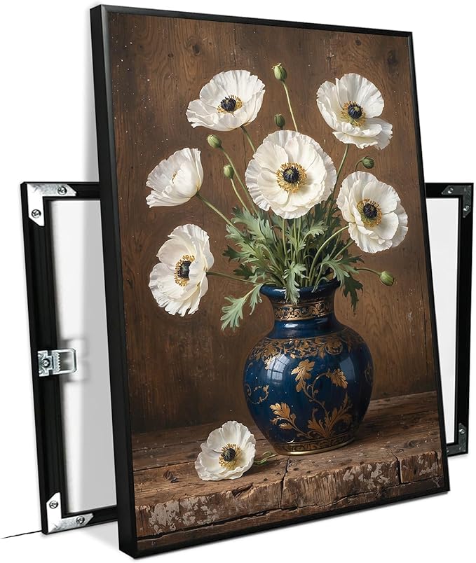 Vintage white poppy flowers canvas painting ornate blue vase gold floral pattern rustic textured wood background ruffled petals green leaves vertical composition botanical wall art home decor