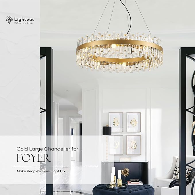 31.9" Gold Modern Crystal Chandelier Light Fixtures Luxury 2 Rings Crystal Chandeliers for Dining Room 16-Light Round Hanging Pendant Lighting for Living Room Kitchen Island Entryway Bedroom