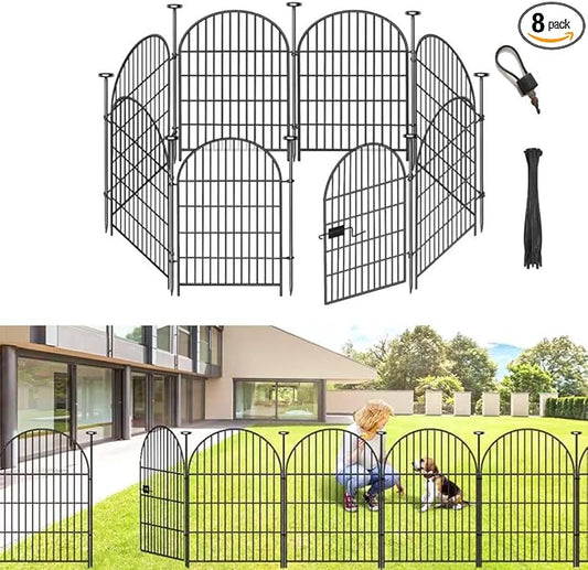 ADAVIN Garden Fence Animal Barrier with Gate 36 in(H)×17.5 Ft(L) 8 Panels,Rustproof Metal Wire Tall Fencing Border for Dogs Rabbits,Outdoor no dig pet Fences, Arched Black Flower Edging for Yard