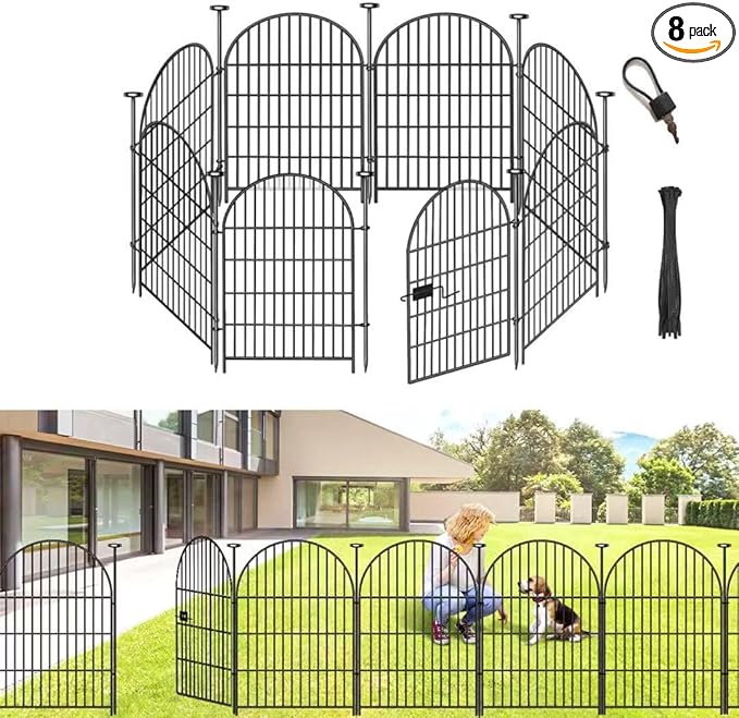 ADAVIN Garden Fence Animal Barrier with Gate 40 in(H)×17.5 Ft(L) 8 Panels,Rustproof Metal Wire Tall Fencing Border for Dogs Rabbits,Outdoor no dig pet Fences,Black Flower Edging for Yard,Arched