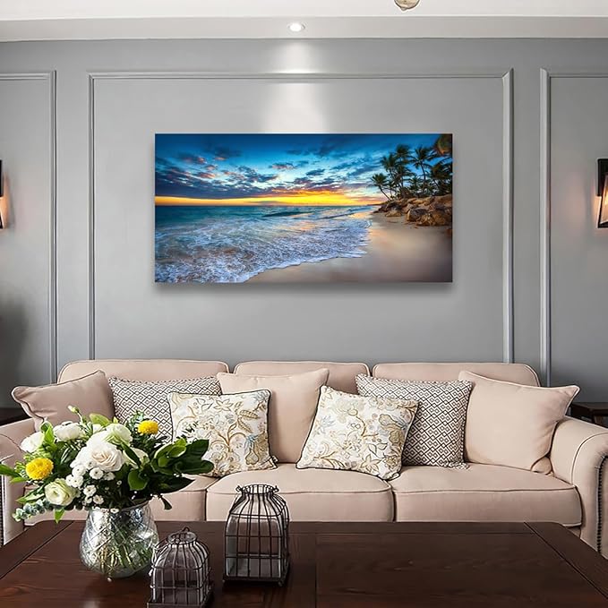 Beach Sunset Pictures Canvas Wall Art For Living Room Bedroom Wall Decor,Sunset Wall Art Print Paitnings for Home Decor,Morden Artwork Palm Coconut Tree Canvas Art Ready to Hang-28x57 Inches