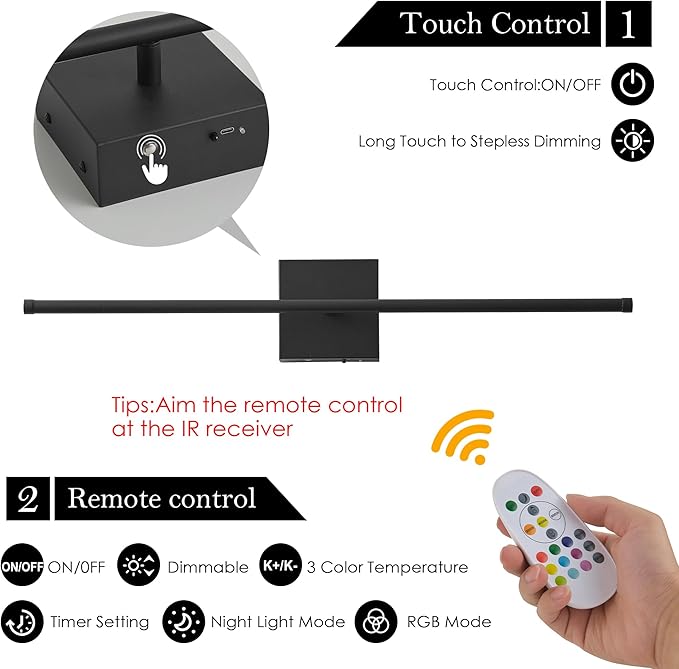 Battery Operated Wireless Wall Sconces Set of Two, with Remote, Dimmable, Warm White/Natural White/Daylight/RGB, 350°Rotate, LED Black Wireless Wall Light for Living Room, Bedroom, 24.4 Inch