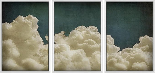 MUDECOR Framed Wall Art Print Set Vintage Cloudscape Dreamy Cotton Clouds Illustrations Modern Art Decorative Colorful Chic for Living Room, Bedroom, Office - 24"x36"x3 White