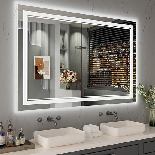 48x32 Inch LED Bathroom Mirror, Front Light and Backlit Anti-Fog Dimmable Memory Lighted Vanity Mirror, Shatterproof Wall-Mounted Led Mirror for Bathroom