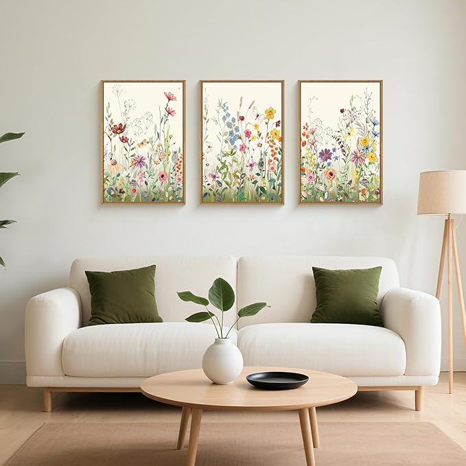 Aryroi Watercolor Colorful Wildflower Framed Canvas Wall Art Set,Modern Nature Flower Wall Decor,Natural Pink Green Floral Botanical Artwork for Living Room, Bedroom,Farmhouse- 16"x24"x3