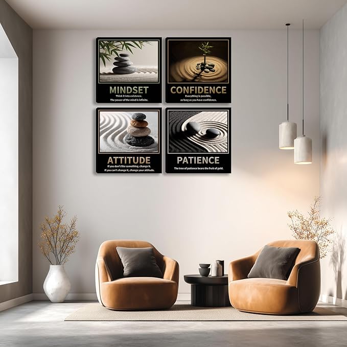 Kuiluuye Motivational Wall Decor Inspirational Zen Canvas Wall Art for Living Room Zen Stone Green Plant Picture for Office Workplace Painting Poster Artwork