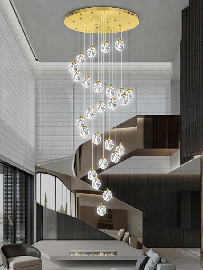 26 Light Gold Large Crystal Chandeliers for High Ceiling 135 inches Long Spiral Staircase Chandelier High Foyer Ceiling Chandelier LED Dimmable 2700-6000K