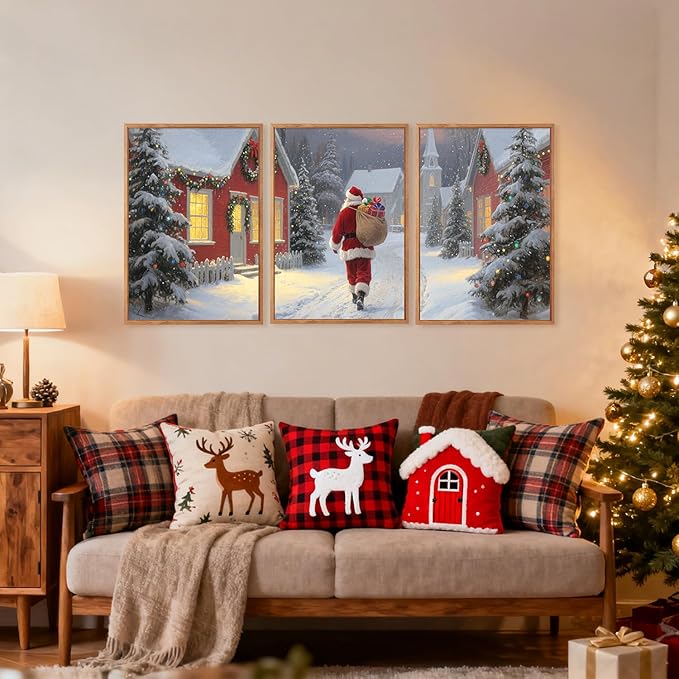 Aurlan Santa Claus is Coming to Town Framed Wall Art(16"x24"), 3PCS Vintage Christmas Winter Holiday Canvas Artwork, Large Xmas Snow Forest Cabin Cottagecore Decor for Home Office Bedroom
