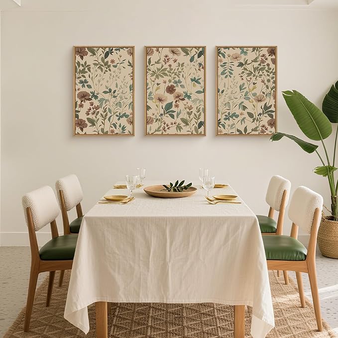 Large Abstract Vintage Floral Framed Canvas Wall Art Set,Boho Retro Neutral Wildflower Wall Decor,Mid Century Antique Flower Botanical Artwork for Living Room,Bedroom,Farmhouse- 16"x24"x3