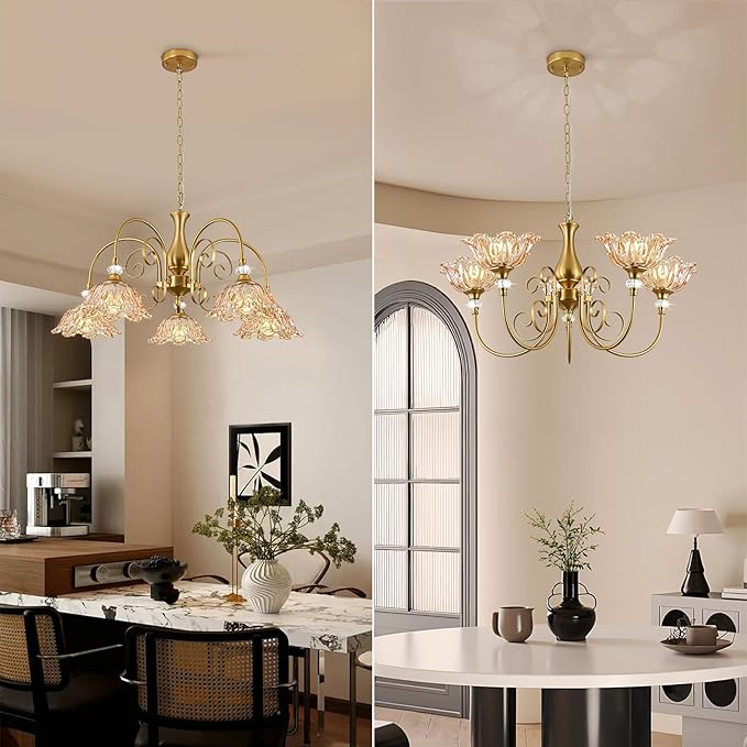 5-Light Vintage Chandeliers in Matte Brass Finish with Amber Glass Shades, Retro Chandelier Light for Dining Room,Hallway,Kitchen