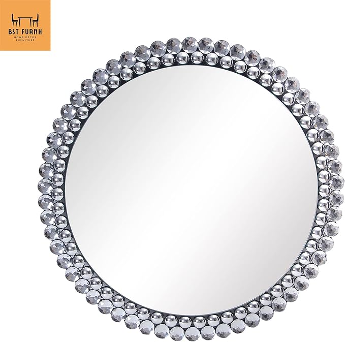 BST FURNH Round Mirror Wall Decor 24 Inches Decorative Wall Mirror with Irregular Framed and Beveled Edge Mirrors for Wall Silver Large Wall Mirror Frameless Mirrors