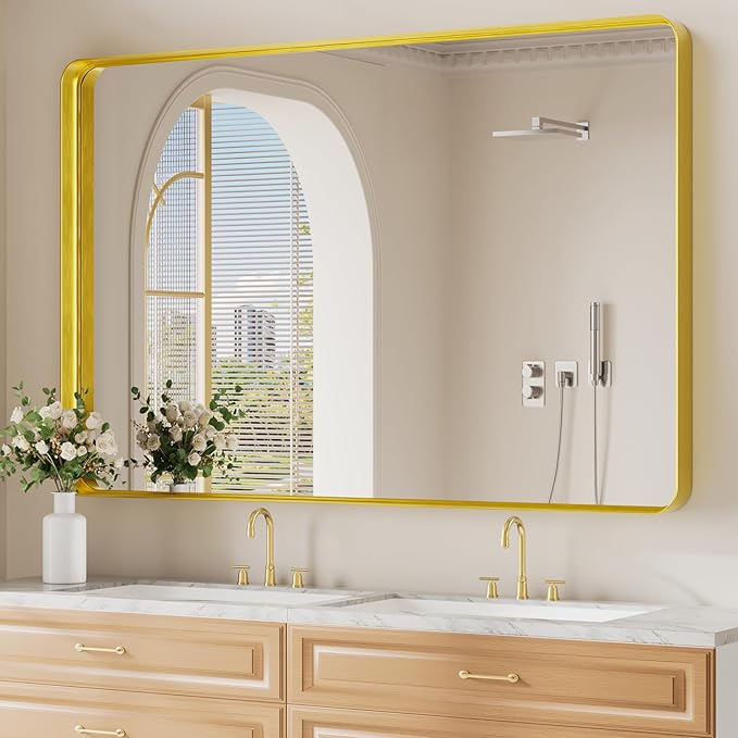 Koonmi Gold Wall Mirror for Bathroom, 36x55 Inch Matte Deep Framed Rounded Rectangle Vanity Mirror for Farmhouse Living Room, Tempered Glass, Anti-Rust, Vertically or Horizontally