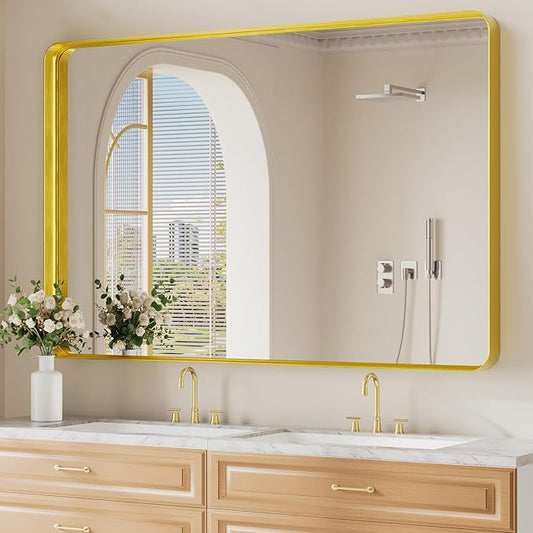 Koonmi Gold Wall Mirror for Bathroom, 36x55 Inch Matte Deep Framed Rounded Rectangle Vanity Mirror for Farmhouse Living Room, Tempered Glass, Anti-Rust, Vertically or Horizontally