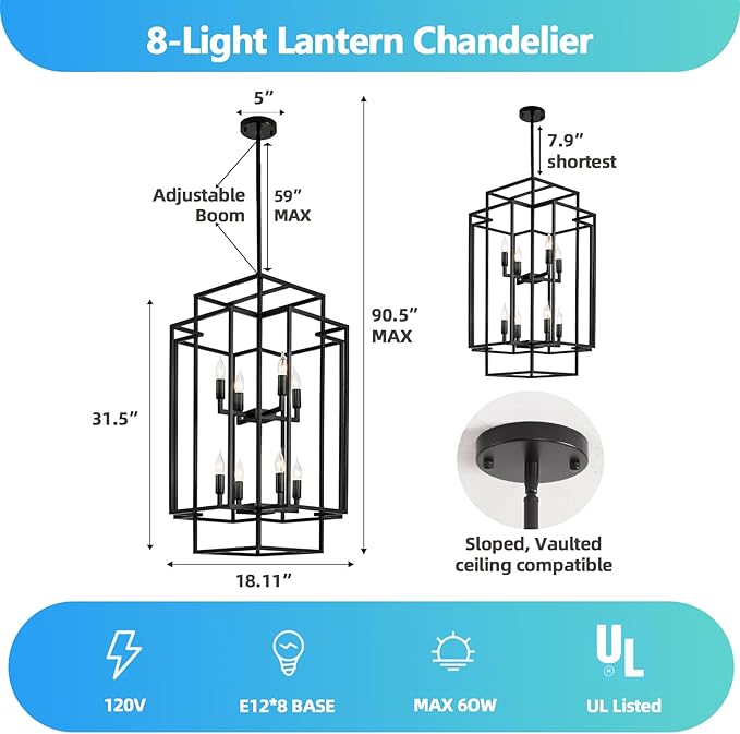 Black Farmhouse Chandelier, Large Chandeliers for High Ceilings, 8-Light Tiered Lantern Pendant Light Modern Foyer Lighting Fixtures, for Entryway Staircase