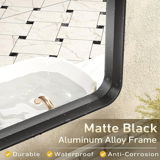 48x40 Inch Black Metal Framed Bathroom Mirror for Wall, Large Rounded Rectangle Mirror, Matte Black Bathroom Vanity Mirror, Anti-Rust, Shatterproof, Hangs Horizontally or Vertically