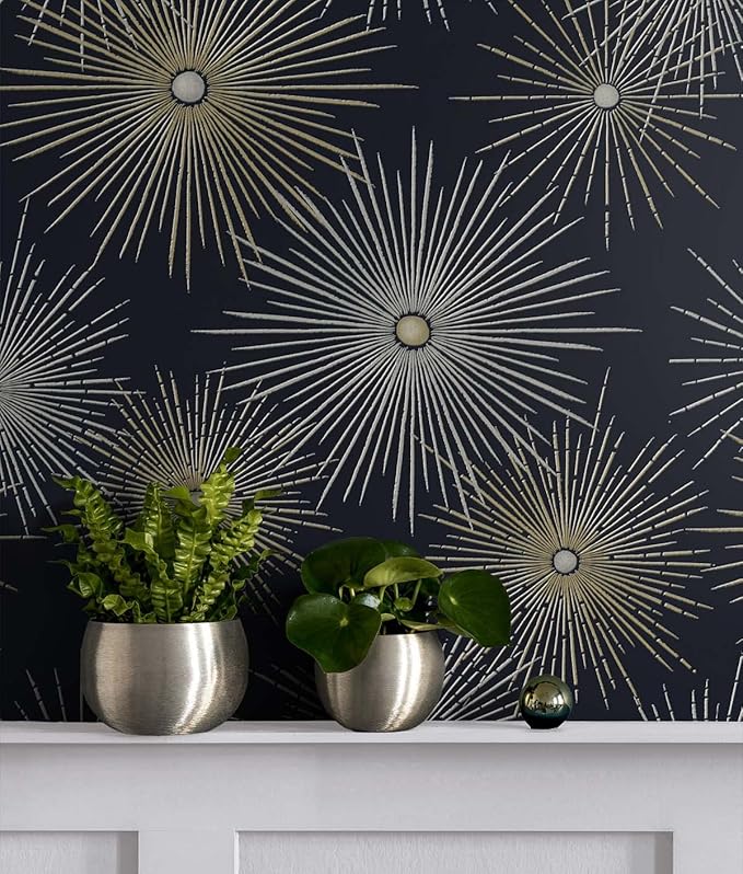 NextWall Star Burst Geo Mid Century Peel and Stick Wallpaper (Midnight Blue & Metallic Gold)