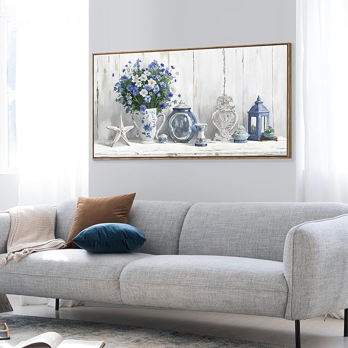 Nicetop Large Framed Artwork for Walls – Coastal Rustic Farmhouse Art Prints Blue and White Floral Canvas Art Vintage Country Shabby Chic Wall Picture for Living Room Bedroom Kitchen Dining 48x24 Inch