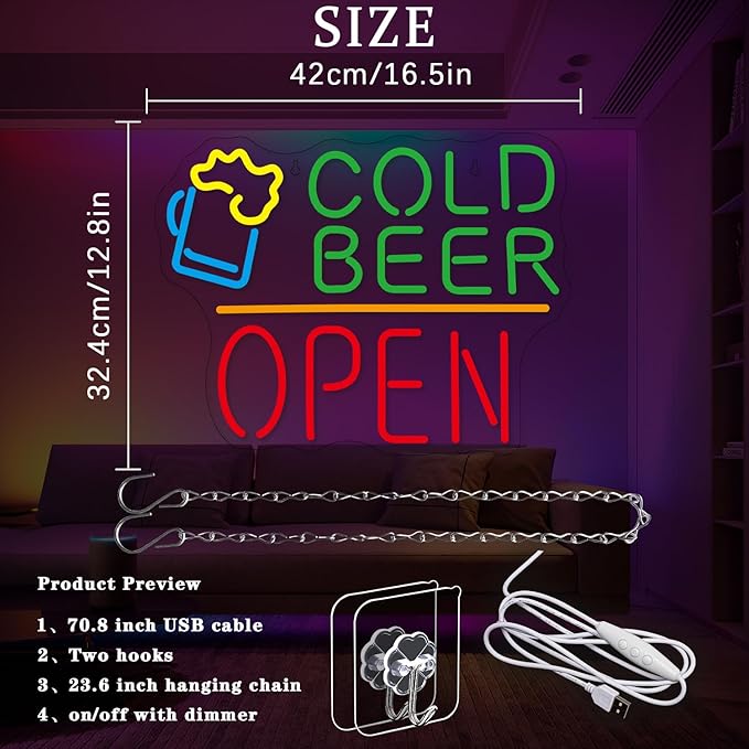 Cold Beer Open Neon Sign Beer Neon Light for Wall Decor Cold Beer LED Neon Signs Colorful Led Neon Lights for Man Cave Store Bar Party Bistro Decoration