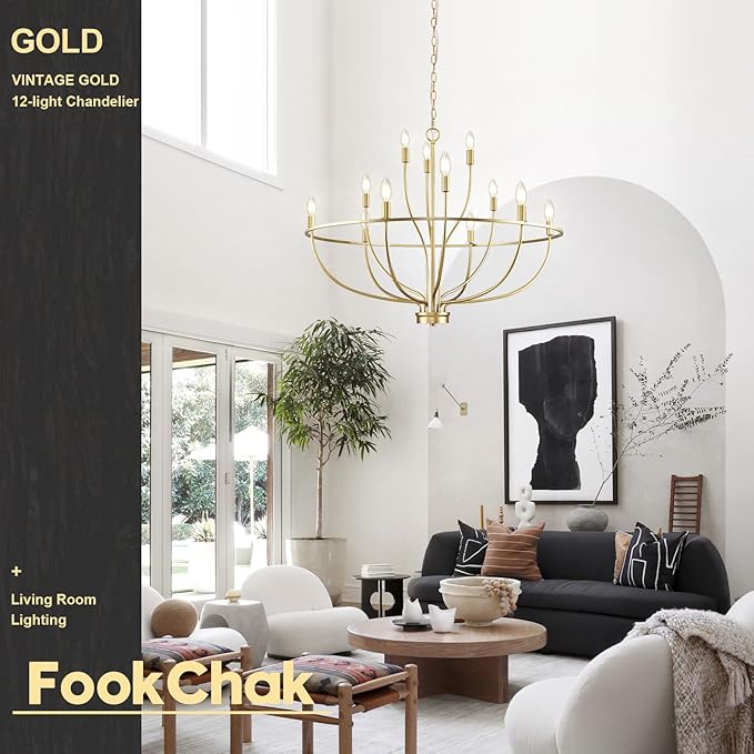 Large Gold Chandelier, 12 Light Foyer Chandelier High Ceiling 36inch Modern Brass Living Room Light Fixture Metal Candle Chandelier for Kitchen Entryway Living Room Bedroom