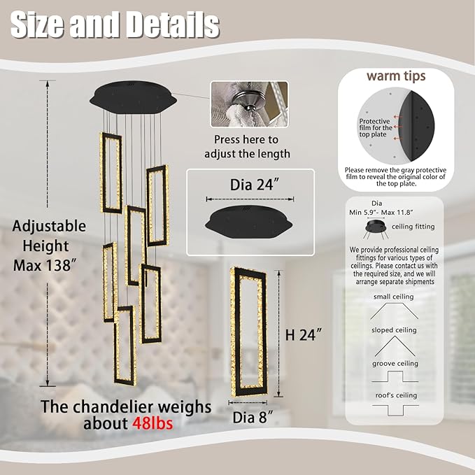 Modern Chandelier 6 Rings Black Chandeliers Lighting Fixture High Ceiling Chandelier Suitable for Living Room Staircase Villa