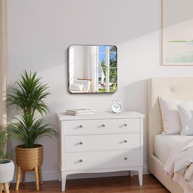 Beveled Frameless Mirror, 18x18 Square Bathroom Mirror Rounded Corner, 18 inch Frameless Vanity Mirror, Shatterproof Lightweight Design Wall Mirror for Bedroom Living Room Entryway