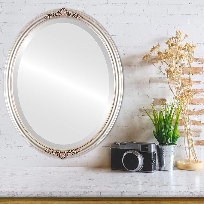 OVALCREST Oval Beveled Wall Mirror for Home Decor - Contessa Style - Silver Leaf with Brown Antique - 22" x 18"
