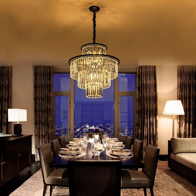 23" 14-Light Modern Crystal Chandelier Light Fixtures 4-Tier Black Luxury Chandeliers for Dining Room Round Hanging Pendant Lighting for Living Room Kitchen Entryway Bedroom Foyer Hallway