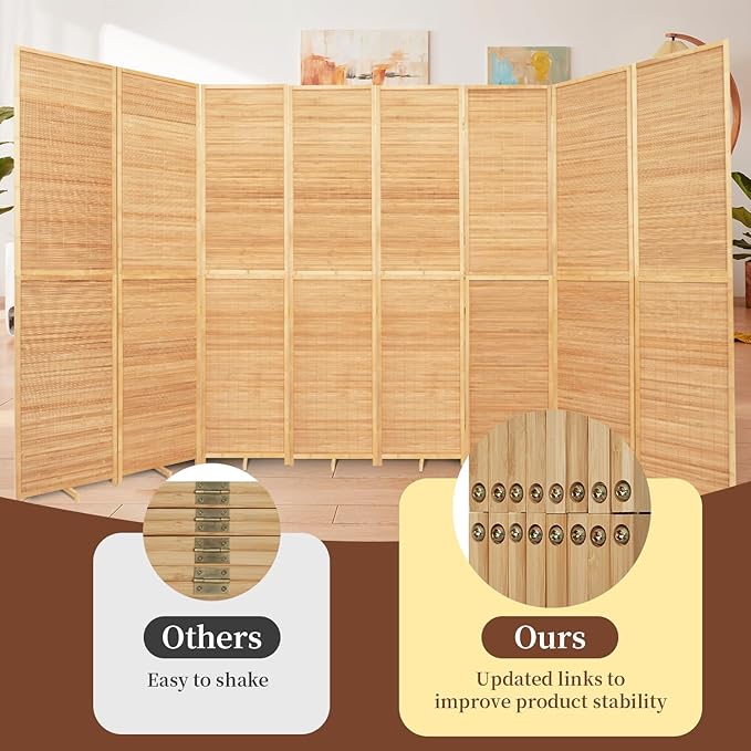 Bamboo Room Divider 8 Panel Wall Divider, 142'' W x 67'' H Folding Design with Extra Stable Base, 100% Bamboo Room Divider Screen for Room Separation, Chinese Room Partitions and Dividers Freestanding