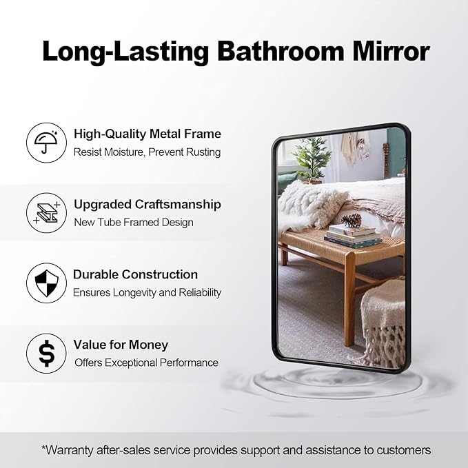 ANDY STAR 30x36’’ Bathroom Mirrors for Wall, Matte Black Bathroom Vanity Mirror, Contemporary Rounded Rectangle Mirrors Wall Mounted in Tube Metal Frame, Hang Horizontal/Vertical 1’’ Deep