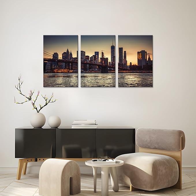 NAN Wind 3PCS New York City Skyline Canvas Wall Art Brooklyn Bridge at Sunset Golden Hour Manhattan Cityscape Pictures Canvas Artwork East River Reflection Modern Urban Home Decor Living Room Office