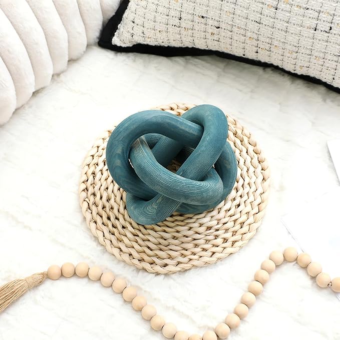 3 Link Wood Knot Decor - Hand Carved Coffee Table Decoration, Boho Chain Link Decor, Modern Shelf, Rustic Objects for Home Living Room Bedroom(Blue)