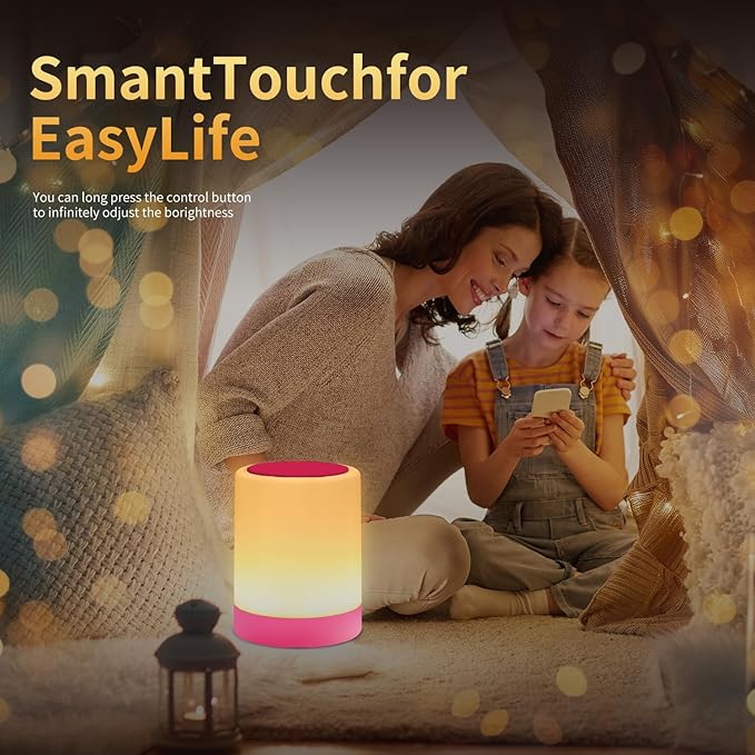 OORUN Touch Bedside Table Lamp,13 RGB Colors & 5 Brightness, USB Rechargeable Desk Lamp, Remote Control Dimmable Night Light with RGB Color Changing,Portable Lamp for Baby, Bedroom, Living Room (Pink)